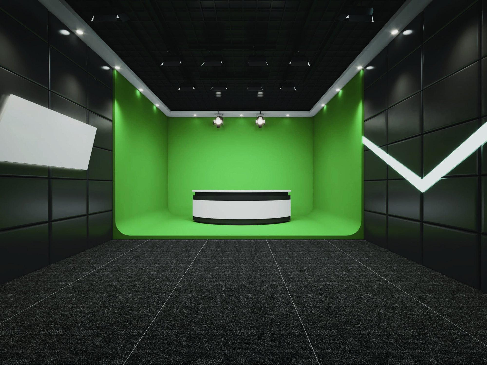 Green screen studio lighting case with overhead rigging