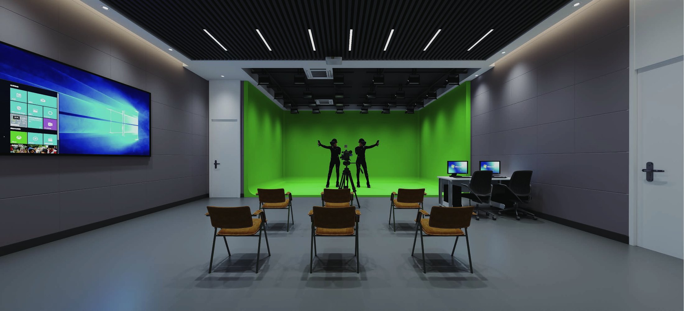 Virtual studio lighting case with seating and controlled ceiling fixtures